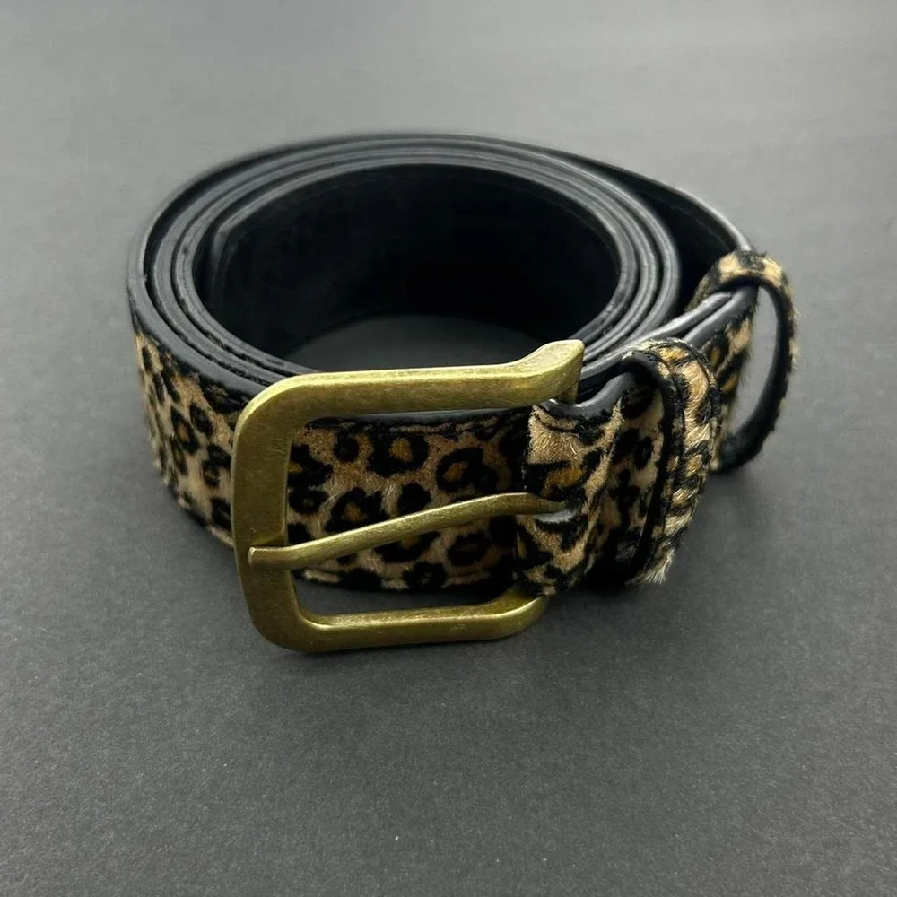Vintage style cheetah leopard print fur belt american boho black and tan